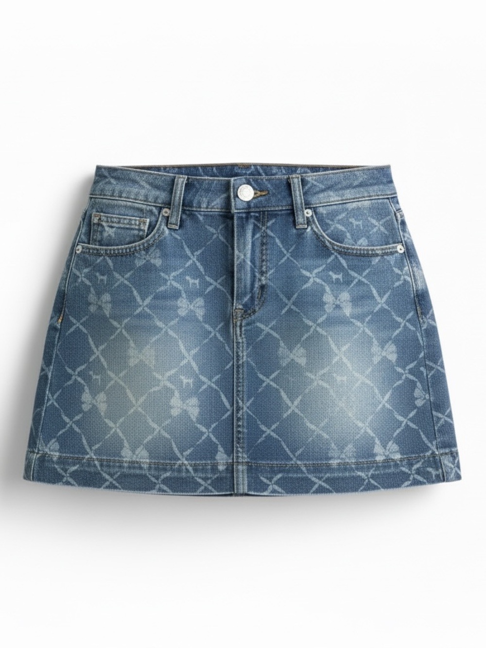 PINK x LoveShackFancy Faded Blue Logo-Print Denim Mini Skirt